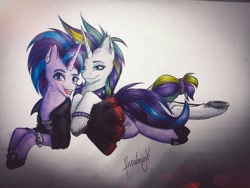 Size: 1080x810 | Tagged: safe, artist:paradoningx, imported from derpibooru, rarity, starlight glimmer, pony, unicorn, duo, edgelight glimmer, female, goth, lying down, mare, prone, punk, traditional art, unshorn fetlocks