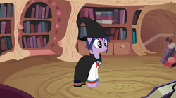 Size: 1152x647 | Tagged: safe, artist:themanwhosleptin, imported from derpibooru, twilight sparkle, 2016, bookworm, clothes, cosplay, costume, golden oaks library, hat, library, melancholy of haruhi suzumiya, witch, witch costume, witch hat, yuki nagato