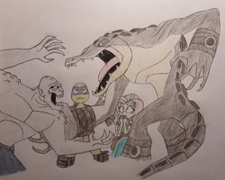 Size: 900x720 | Tagged: safe, artist:jebens1, imported from derpibooru, fluttershy, reptile, turtle, equestria girls, batman the animated series, covering mouth, crossover, donatello, fight, killer croc, leatherhead, teenage mutant ninja turtles, traditional art