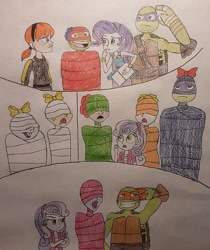 Size: 900x1073 | Tagged: safe, artist:jebens1, imported from derpibooru, princess luna, rarity, snails, snips, sweetie belle, equestria girls, april o'neil, donatello, michelangelo, mummification, silly songs, singing, song reference, teenage mutant ninja turtles, traditional art, veggietales, vice principal luna, wrapped myself up for christmas, wrapped up