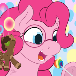 Size: 1280x1280 | Tagged: safe, artist:parallel black, imported from derpibooru, pinkie pie, oc, oc:parallel black, earth pony, avatar, balloon, candy, digital art, food, glasses, implied rainbow dash, lollipop, plushie, plushification, underhoof