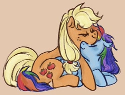 Size: 876x668 | Tagged: safe, artist:laya-21, imported from derpibooru, applejack, rainbow dash, earth pony, pegasus, pony, appledash, duo, eyes closed, female, lesbian, shipping, simple background, snuggling