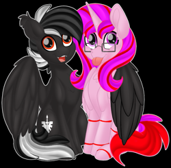 Size: 691x676 | Tagged: safe, artist:missbramblemele, artist:missmele-madness, imported from derpibooru, oc, oc:darkangel, oc:pepto, alicorn, pegasus, friendship is magic, alicorn oc, black background, cute, duo, horn, hug, outline, red and black oc, simple background, tongue out, white outline, winghug, wings