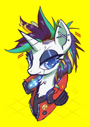 Size: 1414x2000 | Tagged: safe, artist:satv12, imported from derpibooru, rarity, pony, unicorn, alternate hairstyle, bust, cyberpunk, cyberpunk 2077, industrial piercing, neck fluff, piercing, portrait, punk, raripunk, simple background, solo, yellow background