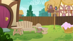 Size: 1920x1080 | Tagged: safe, imported from derpibooru, season 6, the fault in our cutie marks, background, bench, clothes line, fence, no pony, ponyville, top draw animation