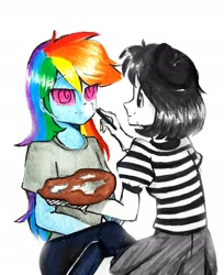 Size: 2154x2646 | Tagged: safe, artist:liaaqila, imported from derpibooru, rainbow dash, oc, oc:isabelle incraft, oc:izzy, human, equestria girls, beret, clothes, face paint, gloves, hat, heart, hypno dash, hypno eyes, hypnosis, hypnotized, limited color, limited palette, mime, monochrome, paint, paint palette, paintbrush, palette, partial color, sitting, skirt, swirly eyes, traditional art