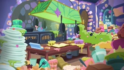 Size: 1920x1080 | Tagged: safe, imported from derpibooru, every little thing she does, season 6, background, book, cake, food, frying pan, kitchen, no pony, top draw animation, twilight's castle