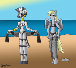 Size: 2400x2153 | Tagged: safe, artist:baroquewolfe, imported from derpibooru, derpy hooves, zecora, anthro, pegasus, unguligrade anthro, zebra, beach, belly button, bikini, breasts, busty derpy hooves, busty zecora, cleavage, clothes, ear piercing, earring, female, jewelry, mare, neck rings, ocean, pants, pants down, piercing, sarong, sun, swimsuit, tail, tanktop, undressing, wings, zebra print