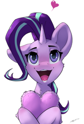 Size: 1911x2803 | Tagged: safe, artist:skitsniga, artist:skitsroom, imported from derpibooru, starlight glimmer, pony, unicorn, blushing, cute, female, floating heart, glimmerbetes, happy, heart, mare, open mouth, signature, simple background, solo, white background