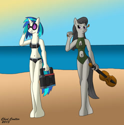 Size: 2189x2211 | Tagged: safe, artist:baroquewolfe, imported from derpibooru, dj pon-3, octavia melody, vinyl scratch, anthro, unguligrade anthro, beach, bikini, black swimsuit, bow (instrument), clothes, cutie mark, cutie mark on anthro, female, females only, glasses, green swimsuit, horn, musical instrument, ocean, one-piece swimsuit, radio, sky, sun, swimsuit, tail, violin, violin bow