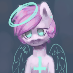 Size: 660x660 | Tagged: safe, artist:mewball, imported from derpibooru, angel wings, oc, oc only, oc:candy prancer, pony, angelic wings, depression, halo, inverted cross, sad, solo, upside down cross, wings