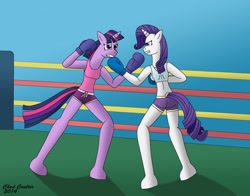 Size: 2631x2067 | Tagged: safe, artist:baroquewolfe, imported from derpibooru, rarity, twilight sparkle, anthro, unguligrade anthro, blue background, boxing, boxing gloves, boxing ring, boxing shorts, clothes, fight, horn, midriff, request, requested art, simple background, sports, sports bra, tail, tanktop