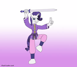 Size: 2581x2272 | Tagged: safe, artist:baroquewolfe, imported from derpibooru, rarity, anthro, unguligrade anthro, chinese, clothes, elegant, horn, jian, looking at you, martial artist rarity, pose, ready to fight, smiling at you, solo, sword, weapon, wushu