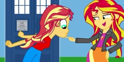 Size: 731x369 | Tagged: safe, artist:felix lynn, artist:thatradhedgehog, imported from derpibooru, sunset shimmer, equestria girls, doctor who, evil sunset shimmer, implied doctor whooves, self paradox, tardis, time travel