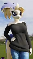 Size: 2160x3840 | Tagged: safe, artist:shadowboltsfm, imported from derpibooru, oc, oc:kali, anthro, plantigrade anthro, 3d, 4k, black nail polish, blender, breasts, clothes, female, hand on hip, jeans, looking at you, nail polish, not sfm, pants, smiling, sweater