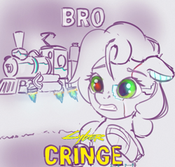 Size: 867x824 | Tagged: safe, artist:drafthoof, imported from derpibooru, oc, oc only, oc:oil drop, pony, augmented, back to the future part 3, cringing, cyberpunk, cyberpunk 2077, female, mare, meme, solo, train