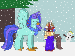 Size: 3264x2448 | Tagged: safe, artist:supahdonarudo, imported from derpibooru, oc, oc only, oc:ironyoshi, oc:sea lilly, classical hippogriff, hippogriff, unicorn, clothes, coat, scarf, shivering, snow, snowfall, snowman, tree, winter, winter hat