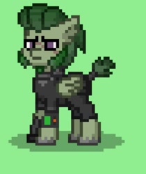 Size: 1073x1280 | Tagged: safe, imported from derpibooru, oc, oc only, oc:nettea, pegasus, pony, ashes town, clothes, green background, pegasus oc, pipbuck, scar, short tail, simple background, sniper, solo, uniform, wasteland, wings