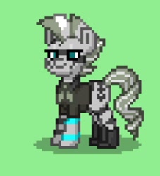 Size: 1080x1189 | Tagged: safe, imported from derpibooru, oc, oc only, oc:another mayhem, pony, zebra, ashes town, green background, magic tattoo, pixel art, simple background, solo, wasteland, zebra oc