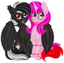 Size: 691x676 | Tagged: safe, artist:missbramblemele, artist:missmele-madness, imported from derpibooru, oc, oc only, oc:darkangel, oc:pepto, alicorn, pegasus, derpibooru community collaboration, 2021 community collab, alicorn oc, cute, friendship, horn, png, simple background, transparent background, transparent backgroundd, wings