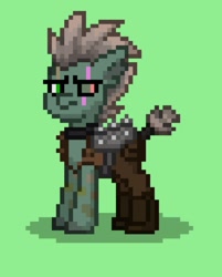 Size: 1029x1280 | Tagged: safe, imported from derpibooru, oc, oc only, oc:kidding koy, earth pony, pony, ashes town, earth pony oc, green background, raider, raider armor, scar, short tail, simple background, solo, wasteland