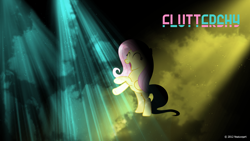 Size: 1920x1080 | Tagged: safe, artist:hornflakes, artist:nsaiuvqart, edit, imported from derpibooru, fluttershy, pegasus, pony, abstract background, eyes closed, female, happy, lighting, mare, name, open mouth, solo, text, vector, wallpaper, wallpaper edit