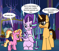 Size: 1248x1080 | Tagged: safe, artist:platinumdrop, imported from derpibooru, luster dawn, starlight glimmer, oc, oc:brandon, oc:moonlight dusk, pony, unicorn, the last problem, baby, canon x oc, dialogue, filly luster dawn, horn, luster dawn is starlight daughter, parent:starlight glimmer, parents:canon x oc, request, shipping, speech bubble, unicorn oc