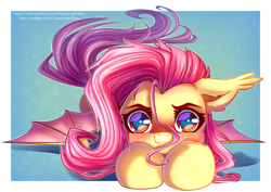 Size: 1414x1000 | Tagged: safe, artist:chaosangeldesu, imported from derpibooru, fluttershy, bat pony, pony, :3, bat ponified, bat wings, behaving like a cat, cheek fluff, ear tufts, female, floppy ears, flutterbat, fluttercat, front view, full face view, looking at you, lying down, mare, prone, race swap, red eyes, solo, spread wings, stray strand, wings