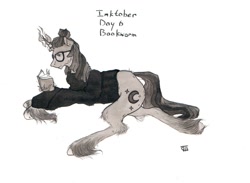 Size: 1088x796 | Tagged: safe, artist:rrrover, imported from derpibooru, moondancer, pony, unicorn, book, clothes, cloths, female, glasses, hoof fluff, inktober, inktober 2018, lying down, mare, reading, signature, simple background, solo, white background