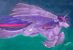 Size: 1500x1032 | Tagged: safe, artist:rrrover, imported from derpibooru, twilight sparkle, alicorn, pony, female, flying, hoof fluff, mare, signature, solo, twilight sparkle (alicorn)