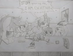 Size: 2545x1965 | Tagged: safe, artist:allyster-black, imported from derpibooru, oc, oc only, oc:blackjack, oc:lacunae, oc:morning glory (project horizons), oc:p-21, oc:rampage, oc:scotch tape, pony, unicorn, fallout equestria, fallout equestria: project horizons, armor, blushing, colt, fanfic art, female, filly, male, screaming, star house, yelling