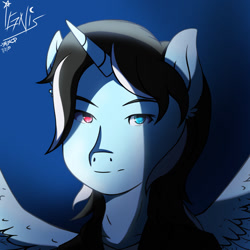 Size: 1100x1100 | Tagged: safe, artist:ftr17s, imported from derpibooru, oc, oc only, alicorn, anthro, alicorn oc, bust, clothes, heterochromia, horn, signature, solo, wings