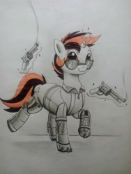 Size: 3120x4160 | Tagged: safe, artist:allyster-black, imported from derpibooru, oc, oc only, oc:blackjack, cyborg, pony, unicorn, fallout equestria, fallout equestria: project horizons, amputee, cybernetic legs, dual wield, fanfic art, gun, handgun, levitation, magic, revolver, telekinesis, weapon