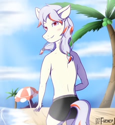 Size: 1100x1200 | Tagged: safe, artist:ftr17s, imported from derpibooru, oc, oc only, anthro, earth pony, beach, beach umbrella, clothes, cloud, earth pony oc, looking back, outdoors, palm tree, partial nudity, shorts, signature, smiling, solo, topless, tree