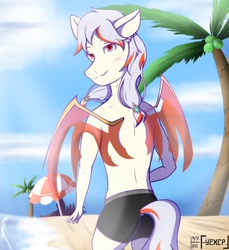 Size: 1100x1200 | Tagged: safe, alternate version, artist:ftr17s, imported from derpibooru, oc, oc only, anthro, bat pony, bat pony oc, bat wings, beach, beach umbrella, clothes, cloud, looking back, outdoors, palm tree, partial nudity, shorts, signature, smiling, solo, topless, tree, wings