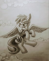 Size: 2009x2489 | Tagged: safe, artist:allyster-black, imported from derpibooru, oc, oc only, oc:ares, pegasus, bomber jacket, clothes, ear fluff, ear piercing, flying, jacket, monochrome, pencil drawing, piercing, traditional art