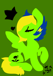 Size: 500x719 | Tagged: safe, artist:amgiwolf, imported from derpibooru, oc, oc only, oc:viexy ams, pegasus, pony, eyes closed, green background, heart, looking back, pegasus oc, raised hoof, signature, simple background, solo, wings