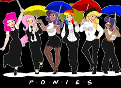 Size: 1666x1208 | Tagged: safe, artist:aeolus06, imported from derpibooru, applejack, fluttershy, pinkie pie, rainbow dash, rarity, twilight sparkle, human, black background, blushing, clothes, crossover, dark skin, dress, f.r.i.e.n.d.s, female, friends, high heels, humanized, lesbian, mane six, midriff, necktie, one eye closed, pants, pantyhose, reference, shipping, shoes, simple background, skirt, smiling, suit, twijack, umbrella