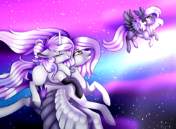 Size: 1700x1250 | Tagged: safe, artist:minelvi, imported from derpibooru, oc, oc only, pegasus, pony, unicorn, aurora borealis, eyes closed, flying, horn, night, pegasus oc, ponies riding ponies, riding, sleeping, stars, unicorn oc, wings