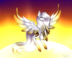 Size: 1750x1400 | Tagged: safe, artist:minelvi, imported from derpibooru, oc, oc only, pegasus, pony, flying, pegasus oc, solo, sun, wings