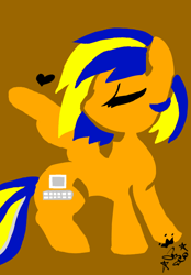 Size: 500x719 | Tagged: safe, artist:amgiwolf, imported from derpibooru, oc, oc only, pegasus, pony, eyes closed, heart, looking back, orange background, pegasus oc, signature, simple background, solo, wings
