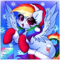 Size: 2000x2000 | Tagged: safe, artist:mite-lime, imported from derpibooru, rainbow dash, pegasus, pony, blushing, christmas, clothes, cute, cutie mark, dashabetes, ear fluff, eye clipping through hair, eyelashes, female, happy, hat, holiday, looking at you, mare, new year, open mouth, santa hat, smiling, snow, snowflake, socks, solo, standing, stockings, thigh highs, wings