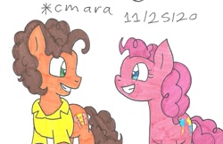 Size: 1130x734 | Tagged: safe, artist:cmara, imported from derpibooru, cheese sandwich, pinkie pie, earth pony, pony, cheesepie, clothes, female, grin, male, mare, shipping, shirt, simple background, smiling, stallion, straight, traditional art, white background