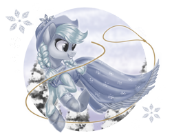 Size: 1480x1200 | Tagged: safe, artist:evedizzy26, imported from derpibooru, applejack, spirit of hearth's warming past, earth pony, ghost, ghost pony, pony, undead, a hearth's warming tail, braid, braided pigtails, clothes, cowboy hat, dress, female, grin, hat, lasso, mare, open mouth, pigtails, rope, simple background, smiling, snow, snowflake, solo, teeth, transparent background, winter