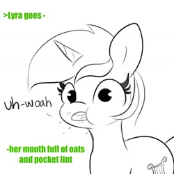 Size: 1440x1440 | Tagged: safe, artist:tjpones, imported from derpibooru, lyra heartstrings, pony, unicorn, eating, female, food, mare, monochrome, neo noir, oats, partial color, pocket lint, puffy cheeks, simple background, solo, white background