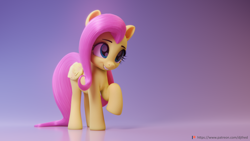 Size: 3840x2160 | Tagged: safe, artist:therealdjthed, imported from derpibooru, fluttershy, pegasus, pony, 3d, 3d render, cute, female, folded wings, high res, mare, raised hoof, shyabetes, smiling, solo, wings