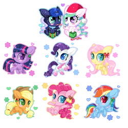 Size: 1024x1024 | Tagged: safe, artist:sunshineshiny, imported from derpibooru, applejack, fluttershy, pinkie pie, princess celestia, princess luna, rainbow dash, rarity, twilight sparkle, alicorn, earth pony, pegasus, pony, unicorn, blushing, bow, candy, candy cane, cheek fluff, chibi, christmas, colored pupils, female, food, hair accessory, hair bow, hat, heart, heart eyes, holiday, mane six, open mouth, present, royal sisters, santa hat, siblings, simple background, sisters, smiling, snow, snow globe, snowflake, transparent background, twilight sparkle (alicorn), wingding eyes