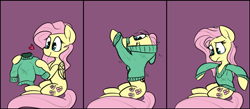 Size: 1680x732 | Tagged: safe, artist:pinkberry, imported from derpibooru, fluttershy, pegasus, pony, 3 panel comic, clothes, colored sketch, comic, disappointed, female, heart, mare, reality ensues, sitting, sketch, solo, sweater, sweatershy