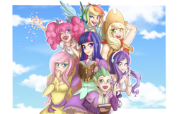 Size: 900x582 | Tagged: safe, artist:o0reika0o, imported from derpibooru, applejack, fluttershy, pinkie pie, rainbow dash, rarity, spike, twilight sparkle, human, anime, book, clothes, cloud, confetti, cute, dress, evening gloves, female, gloves, headband, headphones, humanized, long gloves, male, mane seven, mane six, nail polish, one eye closed, open mouth, pigtails, sky, smiling, wink