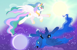 Size: 900x582 | Tagged: safe, artist:o0reika0o, imported from derpibooru, princess celestia, princess luna, alicorn, pony, colored pupils, day, duo, female, flying, mare, moon, night, profile, royal sisters, siblings, sisters, spread wings, sun, wings, yin yang, yin-yang